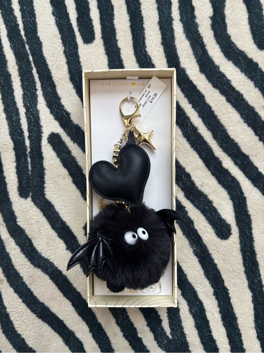 Black Bat Pom Keychain with Heart Charm